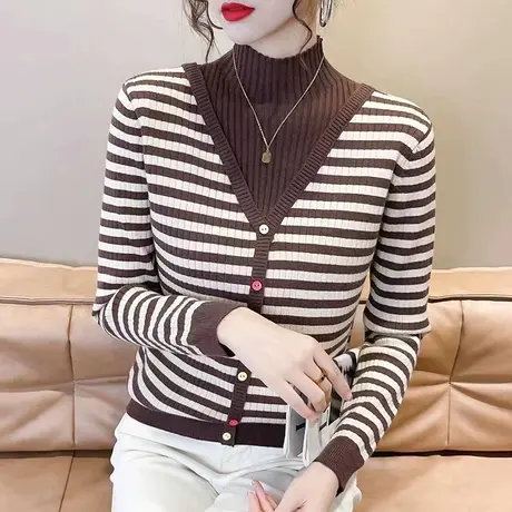 拼色条纹假两件设计感洋气毛衣内搭女2023冬季新款针织时尚打底衫图片