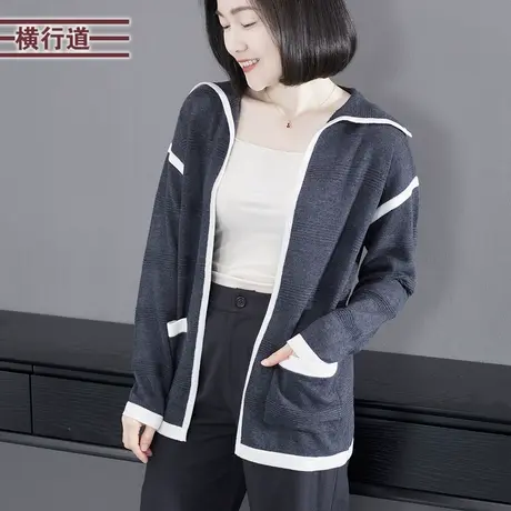 2024春季新款简约撞色翻领宽松口袋中长款针织外套大码外穿上衣女商品大图