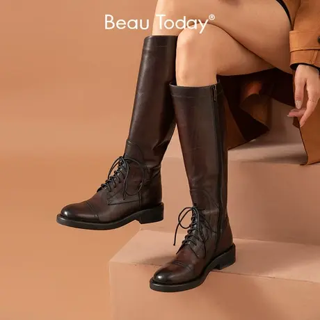 BeauToday长筒靴女秋冬单靴厚底女鞋系带骑士靴BT复古英伦风女靴图片
