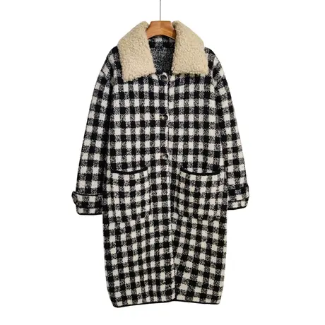 中长款毛衣开衫女秋冬新款时尚格子高级感可拆卸毛领大衣外套加厚商品大图
