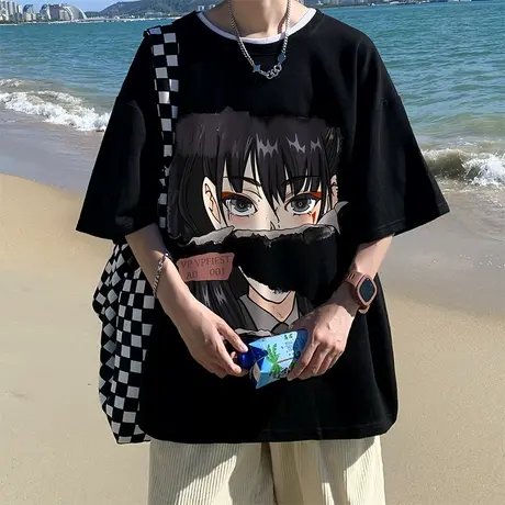 夏季美式卡通人物印花纯棉短袖T恤男ins潮牌街头风hiphop宽松上衣商品大图