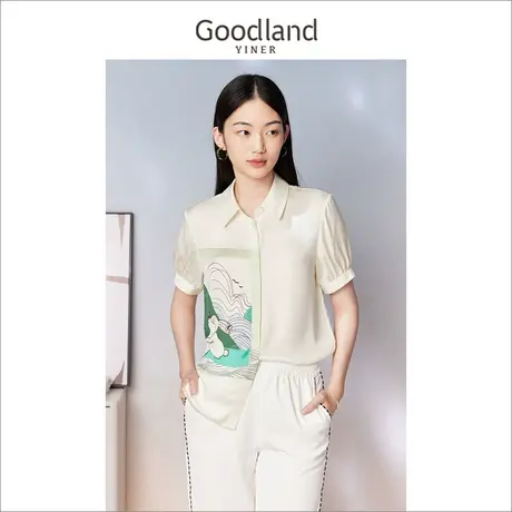 【真丝系列】Goodland美地女装2023夏含桑蚕丝衬衫印花POLO领商品大图
