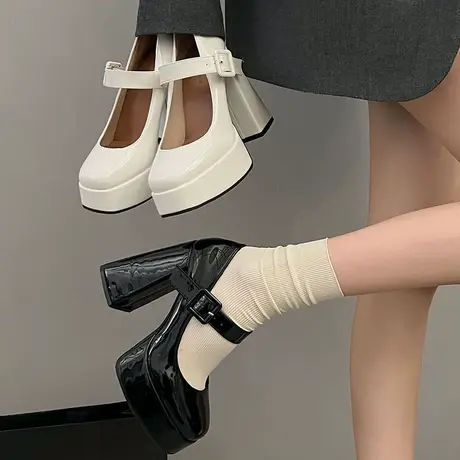 法式粗跟玛丽珍鞋女2024春秋季新款时尚百搭浅口单鞋英伦风高跟鞋图片