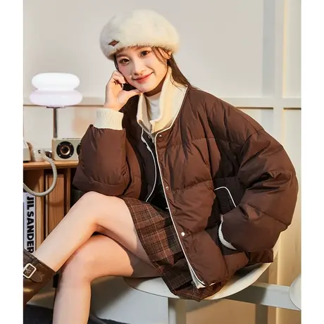 唐狮2024新款女短款羽绒服拼接美拉德韩系温柔保暖时尚鸭绒外套图片