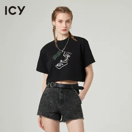 icy女装设计时尚潮酷小众气质抽象人脸刺绣短袖短款棉T恤女上衣商品大图