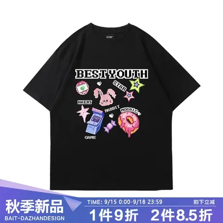 日系街头像素风短袖T恤女夏季潮牌宽松情侣设计感小众半袖上衣图片