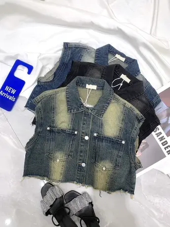 美式复古膜拜牛仔马甲2024春夏新款显瘦百搭无袖工字单排扣背心女图片