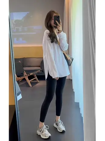 白色磨毛打底衫女秋冬内搭开叉小众设计感中长款宽松上衣长袖t恤商品大图