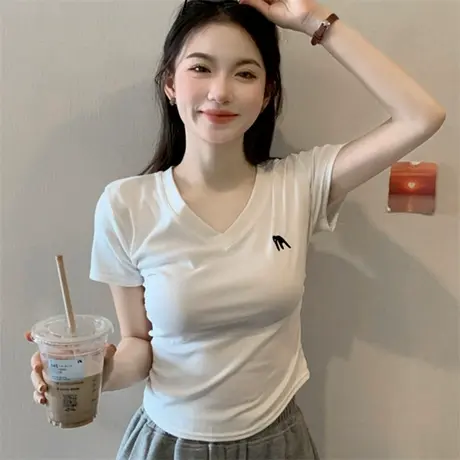 v领正肩短袖t恤女夏季纯欲风甜美修身显瘦小众独特设计感短款上衣商品大图