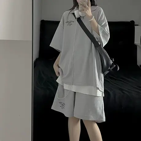 华夫格polo衫网红炸街套装女夏季薄款宽松港风休闲运动两件套跑步商品大图