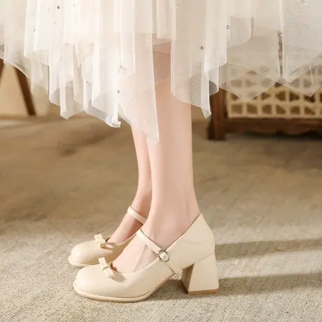 粗跟高跟鞋女2024新款百搭春夏季配裙子气质单鞋女浅口小个子增高图片