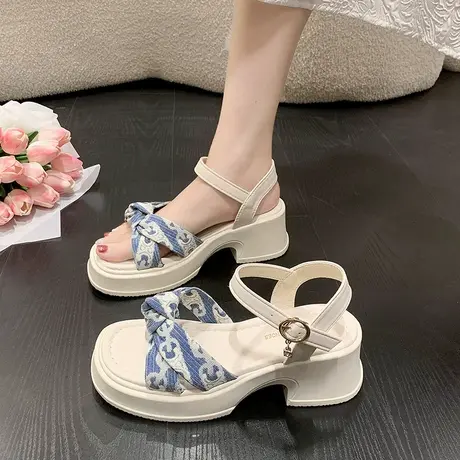 凉鞋女2024年新款夏季外穿精致厚底绝美仙女风配裙子一字带高跟鞋商品大图