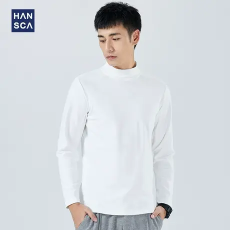汉斯卡2021春秋款打底衫男士磨毛内搭半高领双面德绒长袖T恤上衣图片