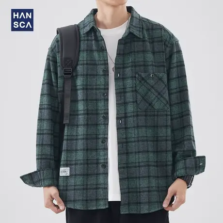 hansca日系格子长袖衬衫男潮牌春季新款复古宽松休闲翻领衬衣外套商品大图