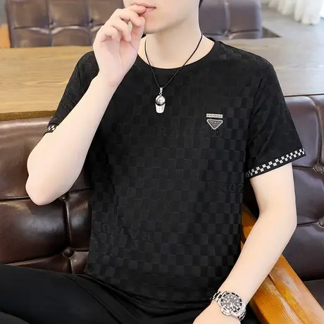 2023夏季新款男士冰丝短袖T恤加肥加大码提花烫钻加肥加大码体恤商品大图