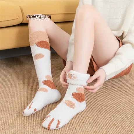 1-3双冬季加绒加厚小腿袜女袜子动物猫爪珊瑚绒中筒袜地板月子袜商品大图