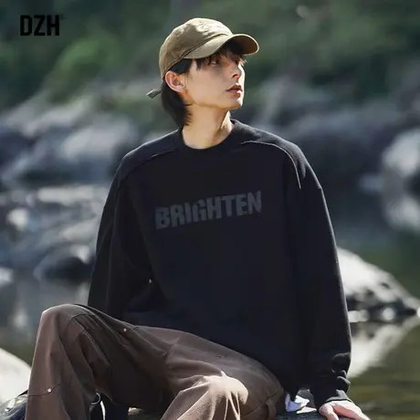 青少年美式圆领卫衣男春秋痞帅高级感2024年新款黑色印花上衣男装商品大图