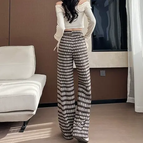 慵懒水波纹阔腿裤女2024夏季薄款复古拖地裤直筒抽绳垂感休闲裤子商品大图