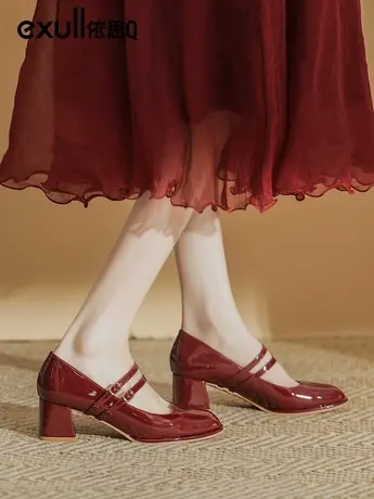 依思q玛丽珍鞋女2024年新款秋秋红色鞋子女中跟高跟鞋单鞋小皮鞋商品大图
