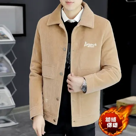新款男士仿水貂绒外套冬季休闲保暖毛呢子大衣短款加绒加厚夹克潮商品大图