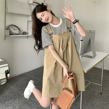 大码设计感夏季法式学生胖mm韩版宽松背带连衣裙子女套装200斤潮图片