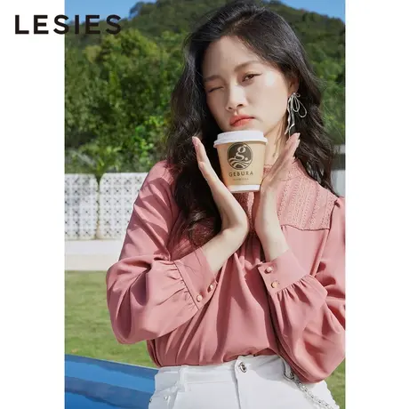 LESIES蓝色倾情春新款通勤OL立领蕾丝拼接雪纺衫长袖套头上衣商品大图