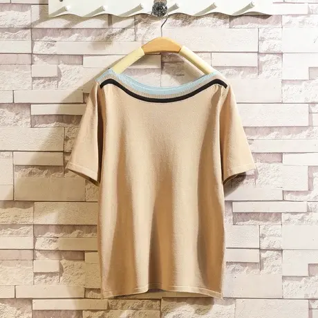 t恤女夏季新款短袖宽松套头一字领冰丝针织衫女时尚薄款韩版上衣商品大图