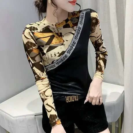 女装2023新款潮时尚拼色打底衫设计感小众上衣烫钻网纱T恤女长袖商品大图