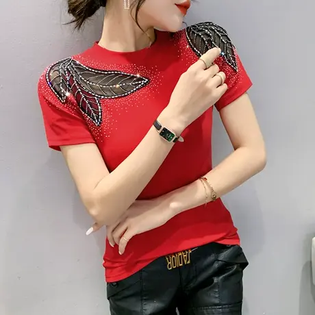 女装2023新款潮网纱拼接短袖T恤女设计感洋气上衣烫钻性感小衫夏商品大图