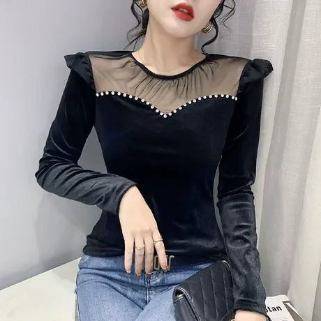 欧货丝绒打底衫女春秋性感网纱拼接长袖T恤洋气设计感泡泡袖上衣图片