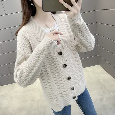 早春女士麻花针织开衫女2023新款韩版宽松洋气外搭短款毛衣外套潮图片