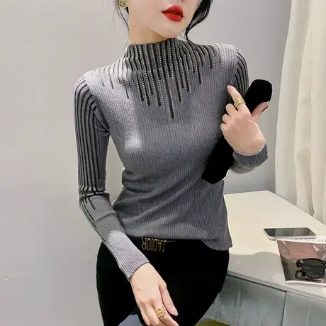 复古欧货钉珠烫钻打底衫性感网纱拼接半高领上衣洋气修身针织衫秋商品大图