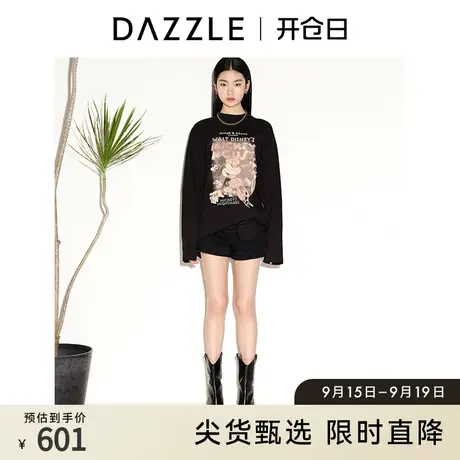 DAZZLE迪士尼米奇系列 地素奥莱春季黑色长袖t恤上衣女商品大图