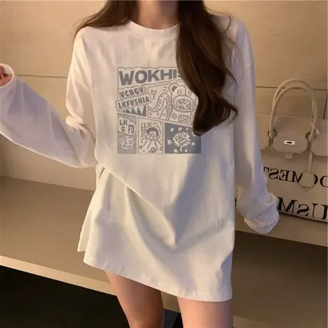 秋冬冬新款纯棉宽松趣味印花长袖T恤女女士打底衫上衣百搭小众ins商品大图