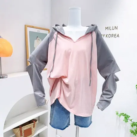 韩国东大门防晒衫女chic小众拼色V领薄款长袖连帽T恤宽松2023夏款商品大图