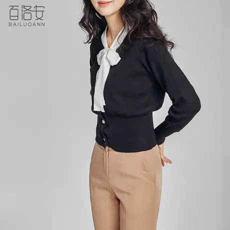 百洛安V领撞色飘带针织衫开衫女秋新款韩范短款长袖毛衣外搭外套图片