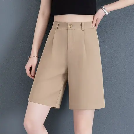 五分裤夏季女宽松冰丝直筒中裤松紧高腰休闲纯色简约显瘦阔腿短裤图片