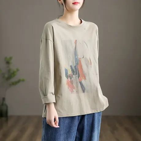 dza文艺复古纯棉长袖T恤女士洋气内搭上衣新款秋季百搭短款打底衫商品大图