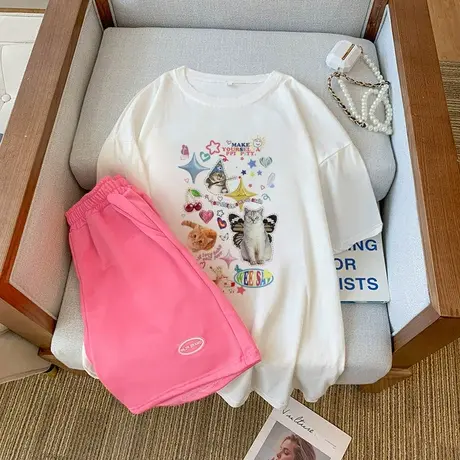 网红炸街运动服套装女2023新款夏季宽松短袖短裤小个子休闲两件套商品大图