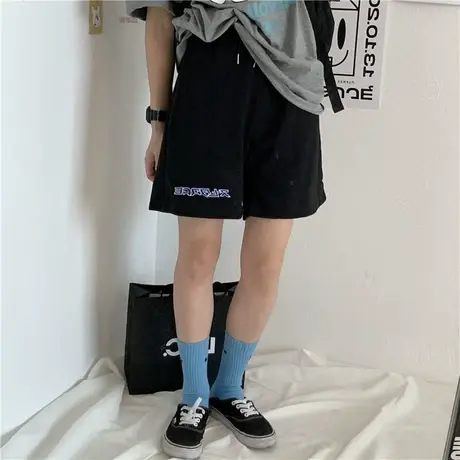 裤子女2020夏季原宿风ulzzang韩版宽松休闲百搭刺绣字母五分裤女商品大图