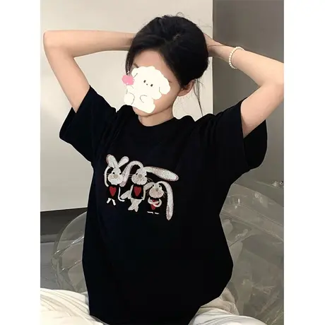 重磅纯棉黑色短袖t恤女ins潮美式复古oversize半袖潮牌宽松上衣服商品大图