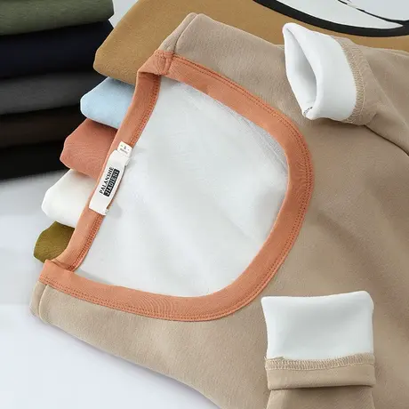 秋冬新款圆领纯色拼色修身加绒加厚保暖长袖体恤上衣内搭女打底衫商品大图