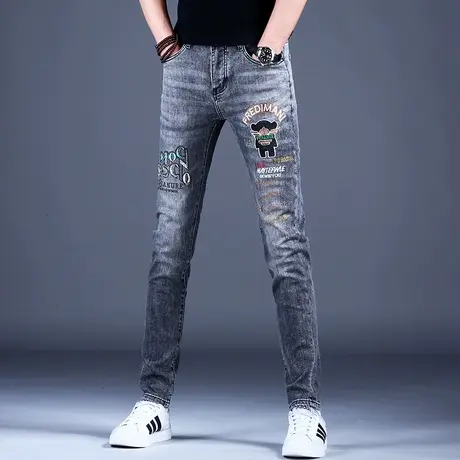 灰色刺绣牛仔裤男款高端潮牌休闲裤子修身小脚2023新款弹力欧美风商品大图