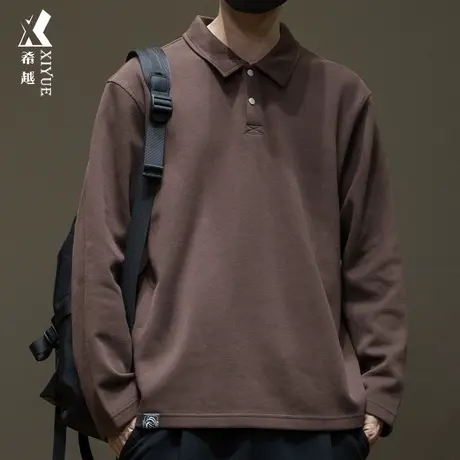 希越250g重磅珠地棉POLO衫男深棕色长袖衬衣秋冬宽松大码翻领男款商品大图