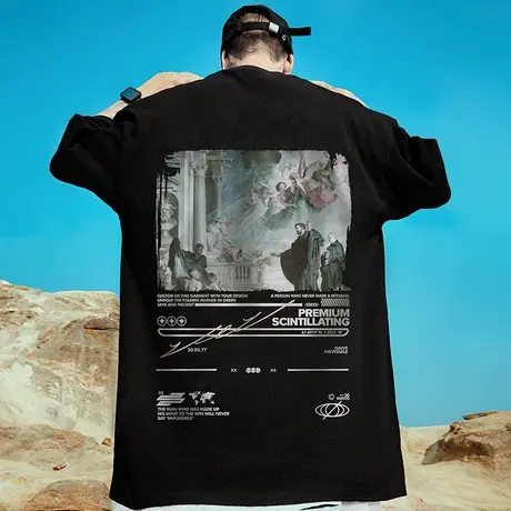 潮牌胖子男士国潮宽松油画加肥加大短袖T恤潮流ins半截袖大码男装商品大图