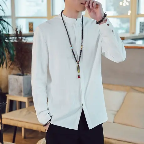 秋季中国风长袖衬衫男盘扣立领棉麻禅服男装复古居士服古风上衣服商品大图