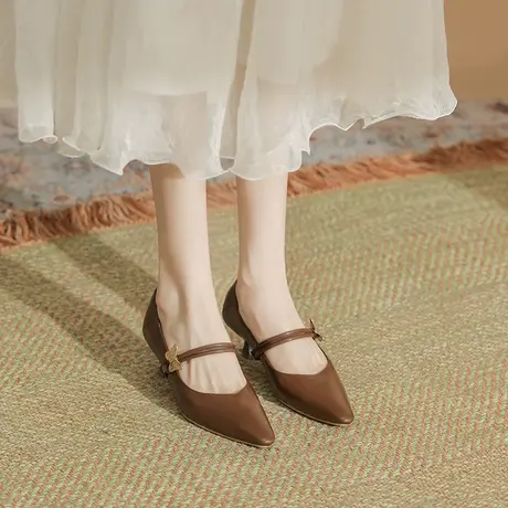 法式细跟高跟鞋女2023年新款秋季气质尖头浅口蝴蝶复古一字带单鞋图片