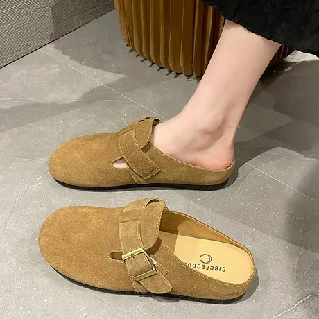 拖鞋女春外穿包头网红爆款软木半拖韩版复古平底凉拖一脚蹬勃肯鞋商品大图