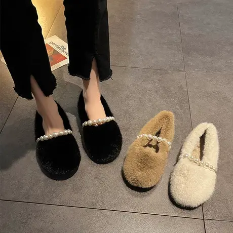 【水貂绒】珍珠厚底毛毛鞋女外穿秋冬新款加绒棉鞋软底豆豆单鞋图片