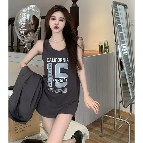 美式复古纯棉吊带运动坎肩背心无袖t恤女夏季外穿宽松篮球服上衣图片